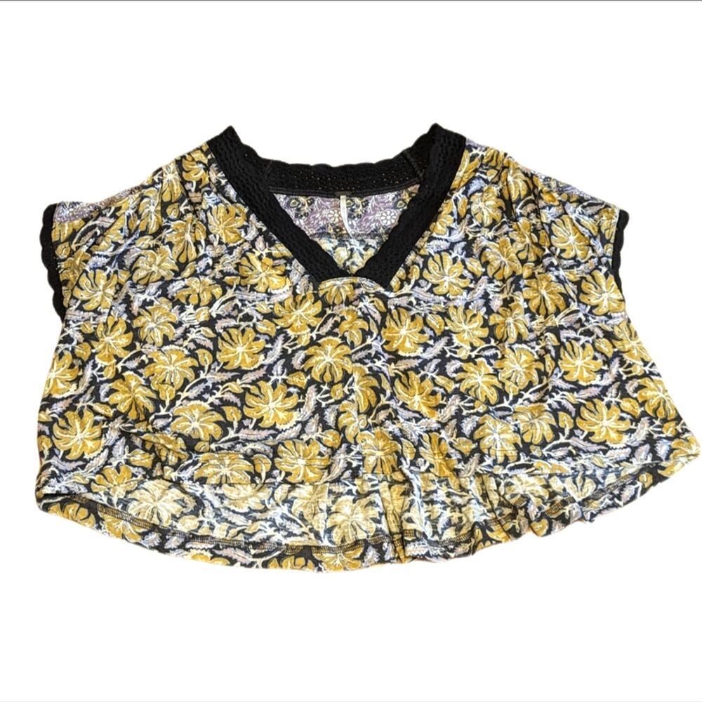 Free People Leilani Floral Print Hi Lo Crochet Hem Boho Crop Top Blouse Shirt